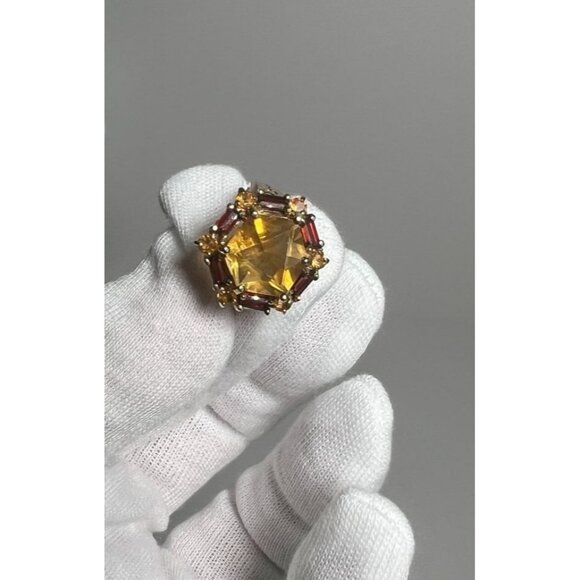 Vintage 10K Gold Citrine & Garnet Cocktail Ring Size 6 Hexagonal Design - Picture 3 of 11